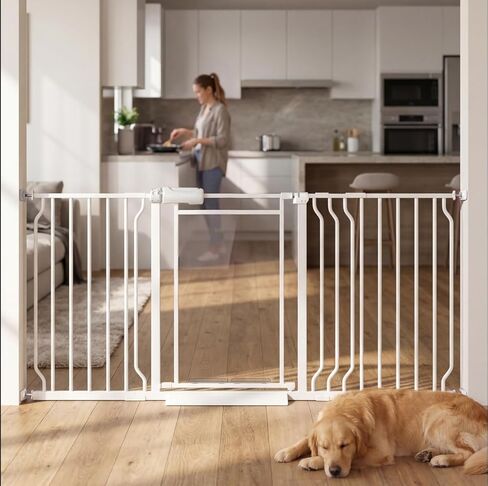 Triple-Lock Acrylic Extra Wide Baby Gate 57.5"-65.74", Crystal Clear Transparent Pet Gate for Dogs, Heavy Duty Metal Gate for Doorways, Pressure Mount Child Safety Barrier, Auto Close, White in Kuwait