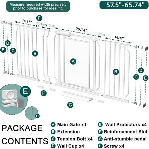 Triple-Lock Acrylic Extra Wide Baby Gate 57.5"-65.74", Crystal Clear Transparent Pet Gate for Dogs, Heavy Duty Metal Gate for Doorways, Pressure Mount Child Safety Barrier, Auto Close, White in Kuwait