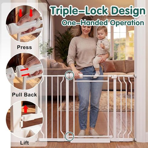 Triple-Lock Acrylic Extra Wide Baby Gate 57.5"-65.74", Crystal Clear Transparent Pet Gate for Dogs, Heavy Duty Metal Gate for Doorways, Pressure Mount Child Safety Barrier, Auto Close, White in Kuwait