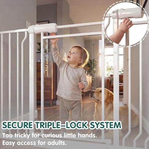 Triple-Lock Acrylic Extra Wide Baby Gate 57.5"-65.74", Crystal Clear Transparent Pet Gate for Dogs, Heavy Duty Metal Gate for Doorways, Pressure Mount Child Safety Barrier, Auto Close, White in Kuwait
