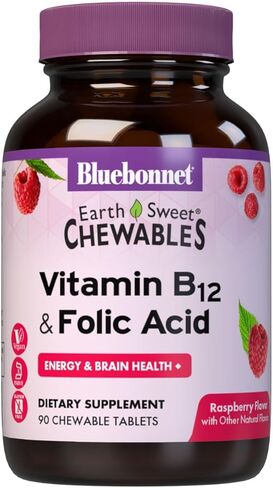 Bluebonnet Nutrition Earth Sweet Vitamin B12 1000 mcg & Folic Acid 400mcg Brain Health & Energy* Vitamins for Women & Men - Vegan, Gluten-Free Raspberry B 12 Vitamin - 180 Chewable Tablets in Saudi Arabia