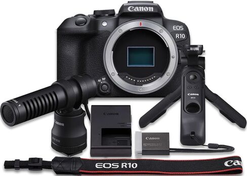 كاميرا Canon EOS R10 بدون مرآة (الهيكل فقط) مع ميكروفون DM-E100 + مقبض حامل ثلاثي القوائم HG-100TBR + المزيد (حزمة مكونة من 14 قطعة) in Kuwait