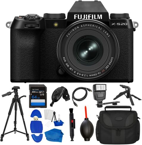 Fujifilm X-S20 Mirrorless Camera with XF 16-50mm f/2.8-4.8 R LM WR Lens, Black, Bundle with 64GB SD Card, Flash, Tripod, Cleaning Kit, Camera Bag and Many More Accessories Included in Kuwait
