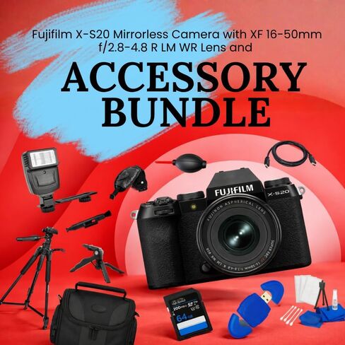 Fujifilm X-S20 Mirrorless Camera with XF 16-50mm f/2.8-4.8 R LM WR Lens, Black, Bundle with 64GB SD Card, Flash, Tripod, Cleaning Kit, Camera Bag and Many More Accessories Included in Kuwait