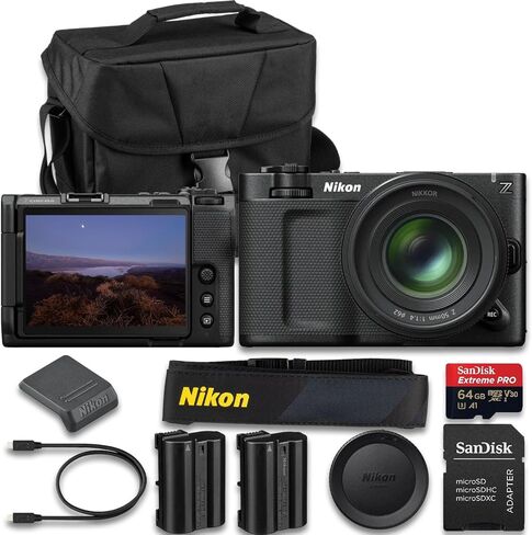 كاميرا سينما Canon Nikon ZR مع عدسة NIKKOR Z مقاس 50 مم f/1.4 + SanDisk Extreme Pro سعة 64 جيجابايت + بطارية بديلة إضافية وحقيبة حمل الكاميرا (حزمة مكونة من 14 قطعة) in Kuwait