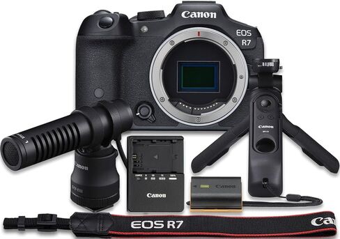 كاميرا Canon EOS R7 بدون مرآة (الهيكل فقط) مع ميكروفون DM-E100 + مقبض حامل ثلاثي القوائم HG-100TBR + المزيد (حزمة مكونة من 14 قطعة) in Kuwait