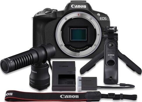 كاميرا Canon EOS R50 بدون مرآة (الهيكل فقط) مع ميكروفون DM-E100 + مقبض حامل ثلاثي القوائم HG-100TBR + المزيد (حزمة مكونة من 13 قطعة) in Kuwait
