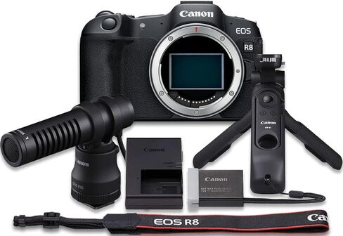 كاميرا Canon EOS R8 بدون مرآة (الهيكل فقط) مع ميكروفون DM-E100 + مقبض حامل ثلاثي القوائم HG-100TBR + المزيد (حزمة مكونة من 14 قطعة) in Kuwait