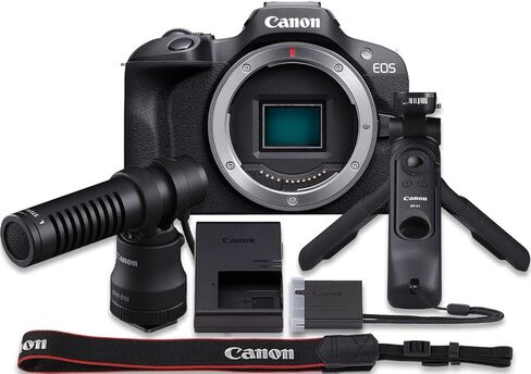 كاميرا Canon EOS R100 بدون مرآة (الهيكل فقط) مع ميكروفون DM-E100 + مقبض حامل ثلاثي القوائم HG-100TBR + المزيد (حزمة مكونة من 13 قطعة) in Kuwait