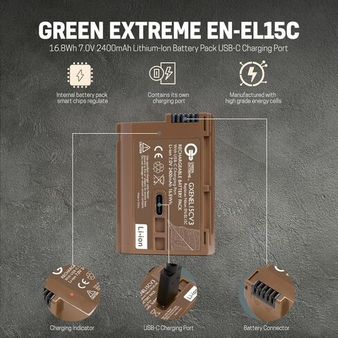 حزمة بطارية ليثيوم أيون Green Extreme EN-EL15c 16.8Wh 7.0V 2400mAh مع منفذ شحن USB-C V4 in Kuwait