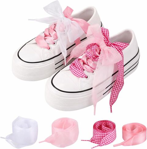 JATEBI 4 Pairs Shoe Laces for Sneakers, Fashion Soft Satin Ribbon Shoelaces Set, Cute Wide Casual Shoestring for Women Girls in Saudi Arabia