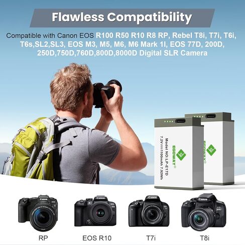 Egoway 2-Pack LP-E17 Battery 1100mAh USB-C Fast Charging R50 Battery for Canon EOS R100 R10 R50 RP R8, Rebel T8i T7i T6i T6s SL2 SL3 EOS M3, M5, M6, EOS 200D 77D 750D 760D 800D 8000D in Saudi Arabia
