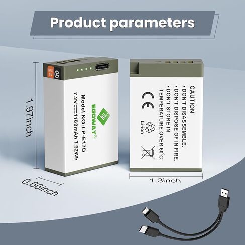 Egoway 2-Pack LP-E17 Battery 1100mAh USB-C Fast Charging R50 Battery for Canon EOS R100 R10 R50 RP R8, Rebel T8i T7i T6i T6s SL2 SL3 EOS M3, M5, M6, EOS 200D 77D 750D 760D 800D 8000D in Saudi Arabia