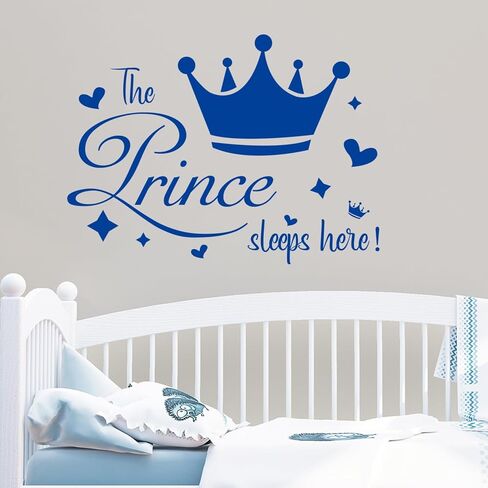Prince Sleep Here Wall Sticker Little Crown Star Quotes Blue Inspirational Wall Decals Peel and Stick Decals for Bedroom Nursery Playroom Daycare School Classroom Decor in Kuwait