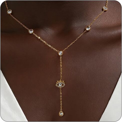 Lariat Necklace for Women 18K Gold Plated Cubic Zirconia Drop Necklaces Dainty Evil Eye Sun Heart Y Necklaces Trendy Long Necklace for Women in Saudi Arabia