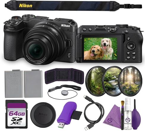 Nikon Z30 Mirrorless Camera with 16-50mm Lens 20.9MP DX Sensor 4K Video Flip Screen Hybrid AF Vlogging Camera Bundle with Replacement Battery + Cleaning Kit + Filter Kit + 64GB Memory Card + More in Kuwait