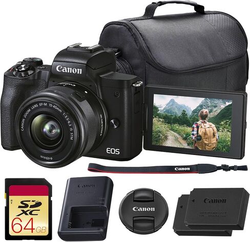 كاميرا Canon EOS M50 Mark II بدون مرآة مع عدسة 15-45 ملم (أسود) | مستشعر APS-C بدقة 24.1 ميجابكسل، تركيز بؤري تلقائي CMOS ثنائي البكسل، فيديو بدقة 4K وشاشة لمس متغيرة الزاوية | لمدونات الفيديو والمحتوى (4728C006) + حقيبة + بطارية + المزيد in Kuwait