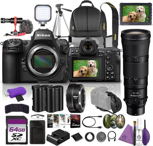 هيكل كاميرا Nikon Z8 بدون مرآة بدقة 45.7 ميجابكسل و20 إطارًا في الثانية وخام 8K مع عدسة NIKKOR Z مقاس 180-600 مم وبفتحة f/5.6-6.3 VR + شاشة عالية الدقة + ميكروفون + حامل ثلاثي القوائم + مجموعة مرشح + بطاقة ذاكرة UHS-II سعة 64 جيجابايت + المزيد in Kuwait