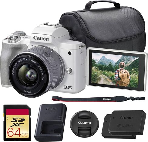 كاميرا Canon EOS M50 Mark II بدون مرآة مع عدسة 15-45 ملم (أبيض) | مستشعر APS-C بدقة 24.1 ميجابكسل، تركيز بؤري تلقائي CMOS ثنائي البكسل، فيديو بدقة 4K وشاشة لمس متغيرة الزاوية | لمدونات الفيديو والمحتوى (4729C004) + حقيبة + بطارية + المزيد in Kuwait