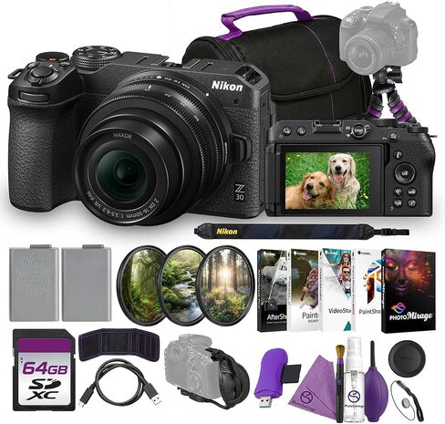 كاميرا Nikon Z30 عديمة المرآة مقاس 16-50 مم طقم عدسات VR مجموعة تسجيل DX بدقة 4K مع بطارية بديلة + حقيبة كاميرا + حامل ثلاثي القوائم مرن + مجموعة مرشح + بطاقة ذاكرة سعة 64 جيجابايت + المزيد in Kuwait