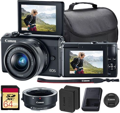 Canon EOS M100 Mirrorless Camera with 15-45mm Lens (Black) | 24.2MP APS-C Sensor, Dual Pixel CMOS AF, Wi-Fi & Bluetooth | For Travel & Beginner Photos (2209C011) + 64GB Card + EF-M Lens Adapter + More in Kuwait