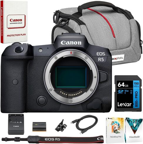 Canon EOS R5 Full Frame Mirrorless Camera Body 4147C002 with 45MP IBIS & 8K Video Bundle with Deco Photo Camera Bag, Lexar PRO Blue Series 64GB SDXC Memory Card and Corel Photo Video Suite in Kuwait