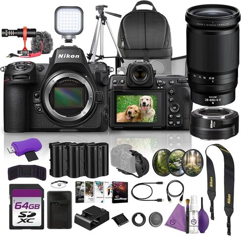 كاميرا Nikon Z8 الاحترافية بدون مرآة بدقة 45.7 ميجابكسل وإطار كامل وفيديو 8K مع عدسة NIKKOR Z مقاس 28-400 مم f/4-8 VR + ميكروفون مثبت على الكاميرا + حامل ثلاثي الأرجل + بطاقة ذاكرة UHS-II SD سعة 64 جيجابايت + حقيبة ظهر + المزيد in Kuwait