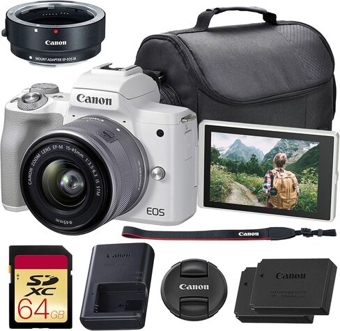 كاميرا Canon EOS M50 Mark II بدون مرآة مع عدسة 15-45 ملم (أبيض) | 24.1 ميجابكسل APS-C، Dual Pixel CMOS AF، فيديو 4K وشاشة لمس متغيرة الزاوية | لمدونات الفيديو والمحتوى (4729C004) + محول EF-EOS R + المزيد in Kuwait