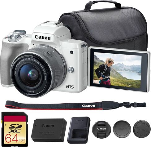 كاميرا كانون EOS M50 بدون مرآة مع عدسة 15-45 ملم (أبيض) | مستشعر APS-C بدقة 24.1 ميجابكسل، تركيز بؤري تلقائي CMOS ثنائي البكسل، فيديو بدقة 4K وشاشة لمس متغيرة الزاوية | رائع لمدونات الفيديو والمحتوى (2681C011) + بطاقة سعة 64 جيجابايت + حقيبة in Kuwait