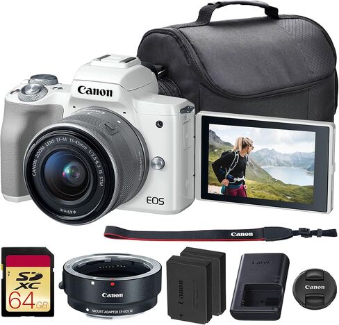 كاميرا كانون EOS M50 بدون مرآة مع عدسة 15-45 ملم (أبيض) | مستشعر APS-C بدقة 24.1 ميجابكسل، تركيز بؤري تلقائي CMOS ثنائي البكسل، فيديو بدقة 4K وشاشة لمس متغيرة الزاوية | لمدونات الفيديو والمحتوى (2681C011) + محول العدسة EF-M + المزيد in Kuwait