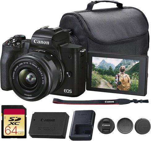 كاميرا Canon EOS M50 Mark II بدون مرآة مع عدسة 15-45 ملم (أسود) | مستشعر APS-C بدقة 24.1 ميجابكسل، تركيز بؤري تلقائي CMOS ثنائي البكسل، فيديو بدقة 4K وشاشة لمس متغيرة الزاوية | لمدونات الفيديو والمحتوى (4728C006) + بطاقة سعة 64 جيجابايت + حقيبة in Kuwait