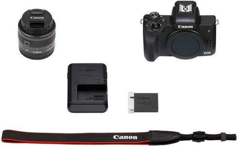 كاميرا Canon EOS M50 Mark II بدون مرآة مع عدسة 15-45 ملم (أسود) | مستشعر APS-C بدقة 24.1 ميجابكسل، تركيز بؤري تلقائي CMOS ثنائي البكسل، فيديو بدقة 4K وشاشة لمس متغيرة الزاوية | لمدونات الفيديو والمحتوى (4728C006) + بطاقة سعة 64 جيجابايت + حقيبة in Kuwait