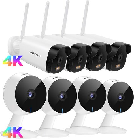 كاميرات LaView 8 ميجابكسل 4K لأمن المنزل في الأماكن المغلقة والخارجية، كاميرا أمان منزلية للطفل/كبار السن/الحيوانات الأليفة/المربية، كشف الإنسان بالذكاء الاصطناعي، مقاومة للماء IP65، محادثة ثنائية الاتجاه، رؤية ليلية واضحة (8 قطع) in Kuwait