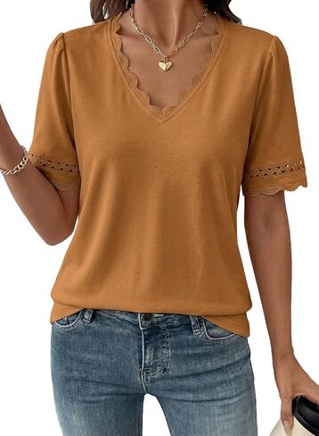 Dokotoo Womens Tops Summer Casual Short Sleeve V Neck Lace Shirts Dressy Eyelet Embroidery Blouses in Saudi Arabia