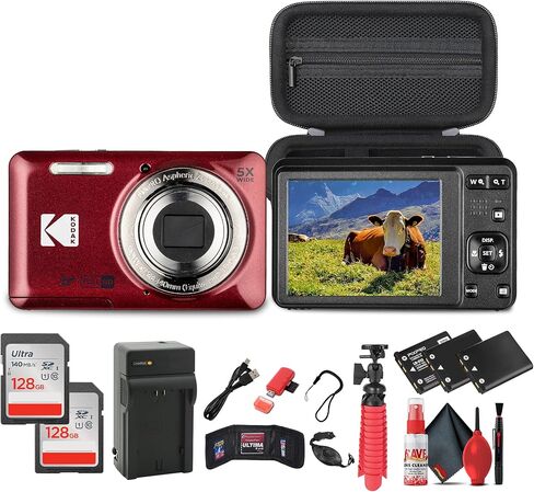 حزمة الكاميرا الرقمية Kodak Pixpro FZ55 (حمراء) تتضمن: 2X 128 جيجابايت بطاقة ذاكرة، 2X بطارية قابلة للشحن، شاحن بطارية، حقيبة كاميرا، حامل ثلاثي مرن، قارئ بطاقات، محفظة بطاقات، حزام يد، المزيد in Kuwait
