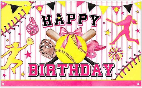 72x43inch Pink Softball Happy Birthday Backdrop Watercolor Bowler Yellow Star Sports Themed Photography Background Girls Kids Teens Party Decoration Photo Props in Saudi Arabia