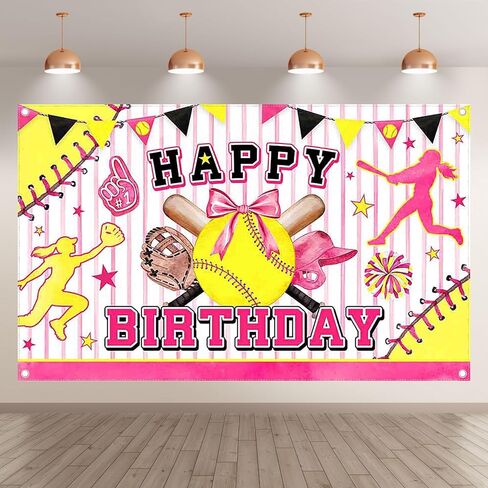 72x43inch Pink Softball Happy Birthday Backdrop Watercolor Bowler Yellow Star Sports Themed Photography Background Girls Kids Teens Party Decoration Photo Props in Saudi Arabia