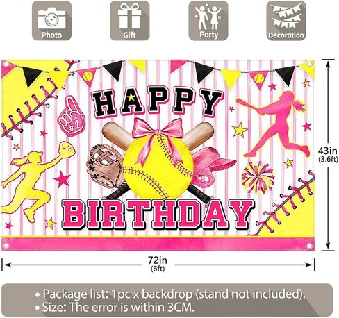 72x43inch Pink Softball Happy Birthday Backdrop Watercolor Bowler Yellow Star Sports Themed Photography Background Girls Kids Teens Party Decoration Photo Props in Saudi Arabia