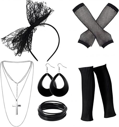 Blulu 6 Pcs 80s Accessories for Women Fancy Costume Dress Neon Lace Headband Earrings Fishnet Gloves Necklace Bracelet Leg Warmers Retro Party in Kuwait