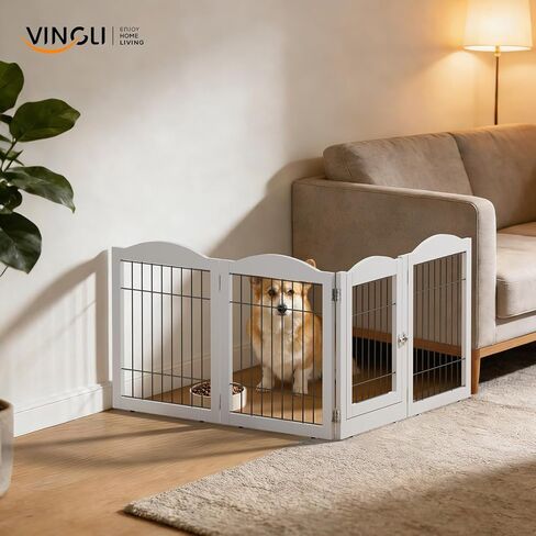 VINGLI بوابة كلب قائمة بذاتها مع باب، بوابة للحيوانات الأليفة مع المشي من خلال الباب، سياج أمان للحيوانات الأليفة قابل للطي لمدفأة مداخل السلالم (24 بوصة ارتفاع - 4 لوحات) in Kuwait