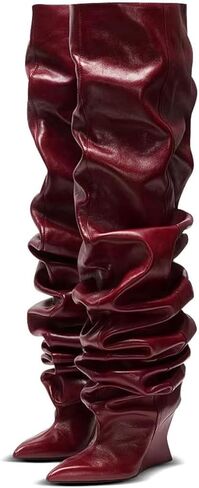 Yishaweiqi Slouched Ruched Thigh High Boots for Women Wedge Heel Pointed Toe Wide Calf Comfortable Over The Knee Boots in Kuwait