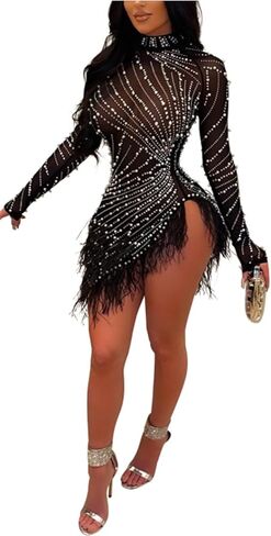 Women's Sexy Mesh Sheer Hot Drilling Bodycon Mini Dresses Long Sleeve Slit Rhinestones Dress Party Club in Saudi Arabia