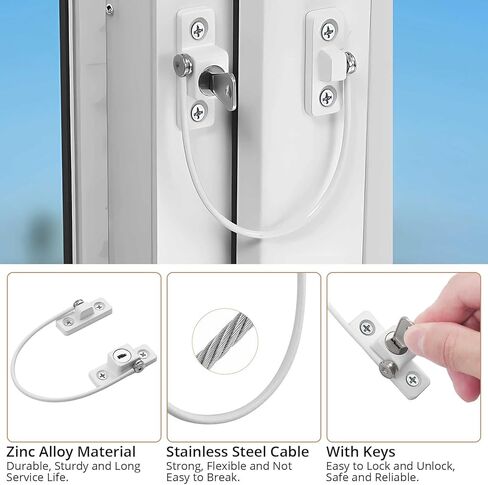 Kamtop 8 حزمة أقفال النوافذ المقيدة، UPVC أقفال أبواب النوافذ القابلة للقفل مع مفاتيح، قفل كابل مقيد للأطفال، حراس النوافذ سلامة الأطفال ضد السرقة، أقفال النوافذ للمنزل وأمان الطفل in Kuwait