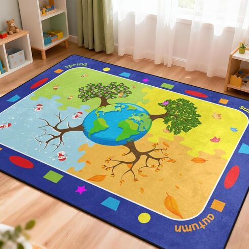 Kids Rugs for Playroom, Trees of The Four Seasons Rugs, Non-Slip Soft Earth&Trees Kids Rug, Earth Day Educational Playmat for Kids Carpet for Preschool Elementary Classroom -5' x 7' Blue in Saudi Arabia