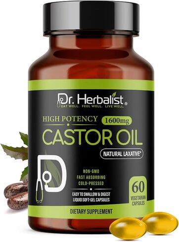 Dr. HERBALIST Castor Oil Capsules - 1600mg per Serving, 60 Count - Non-GMO, Fast-Absorbing, Vegetarian, Cold-Pressed, and High Potency - Supports Skin, Hair, Natural Laxatives and Digestive Health in Saudi Arabia