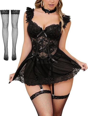 Lace Babydoll Sexy Lingerie for Women Sheer Lingerie Dress Underwire Sleepwear with Stockings, Choker, Thong (4PCS) in Saudi Arabia