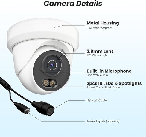 كاميرا UNILOOK 4K 8MP PoE IP، كاميرا أمان برجية سلكية داخلية خارجية، اكتشاف المركبات البشرية بالذكاء الاصطناعي، رؤية ليلية ملونة ذكية 100 قدم، ميكروفون مدمج، زاوية واسعة 110 درجة، @20 إطارًا في الثانية، معدن كامل، NDAA in Kuwait