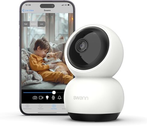 كاميرا مراقبة Swann EVO Pan-Tilt Wi-Fi - كاميرا 2K للكلاب الصغيرة/الحيوانات الأليفة، رؤية ليلية ملونة، كشف الحركة، صفارة الإنذار، محادثة ثنائية الاتجاه، تسجيل مجاني - راقب منزلك أو عملك من أي مكان in Kuwait