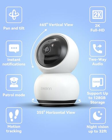 كاميرا مراقبة Swann EVO Pan-Tilt Wi-Fi - كاميرا 2K للكلاب الصغيرة/الحيوانات الأليفة، رؤية ليلية ملونة، كشف الحركة، صفارة الإنذار، محادثة ثنائية الاتجاه، تسجيل مجاني - راقب منزلك أو عملك من أي مكان in Kuwait