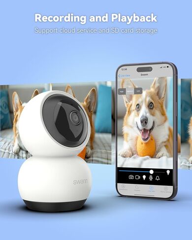كاميرا مراقبة Swann EVO Pan-Tilt Wi-Fi - كاميرا 2K للكلاب الصغيرة/الحيوانات الأليفة، رؤية ليلية ملونة، كشف الحركة، صفارة الإنذار، محادثة ثنائية الاتجاه، تسجيل مجاني - راقب منزلك أو عملك من أي مكان in Kuwait
